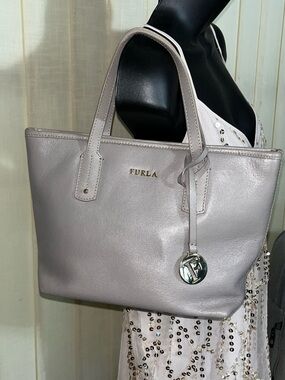 Furla Pearl Gray Italian  Saffiano Leather Tote Purse Bag with Charm EUC